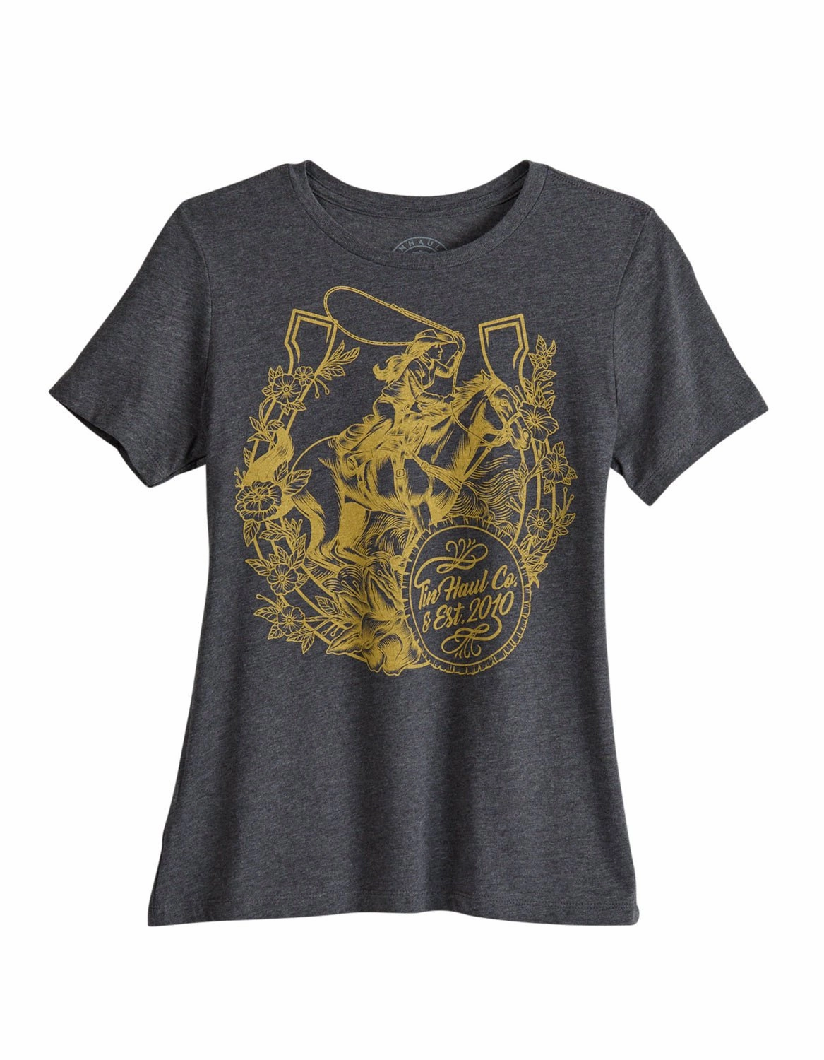 Travel Friendly Sophisticated Elegance Tin Haul Womens Girl Horse and Horseshoe Grey Cotton Blend S/S T-Shirt