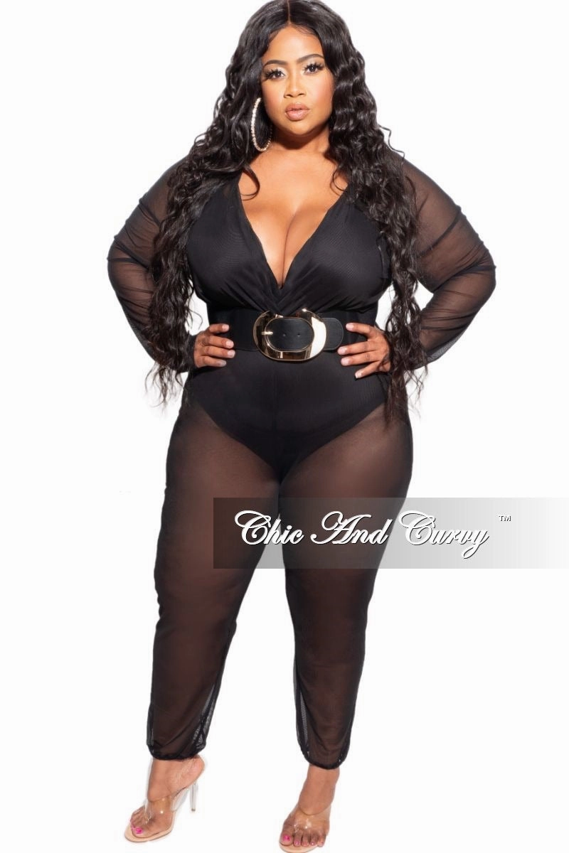 Soft Waistband Final Sale Plus Size Sheer Mesh Deep V Jumpsuit in Black