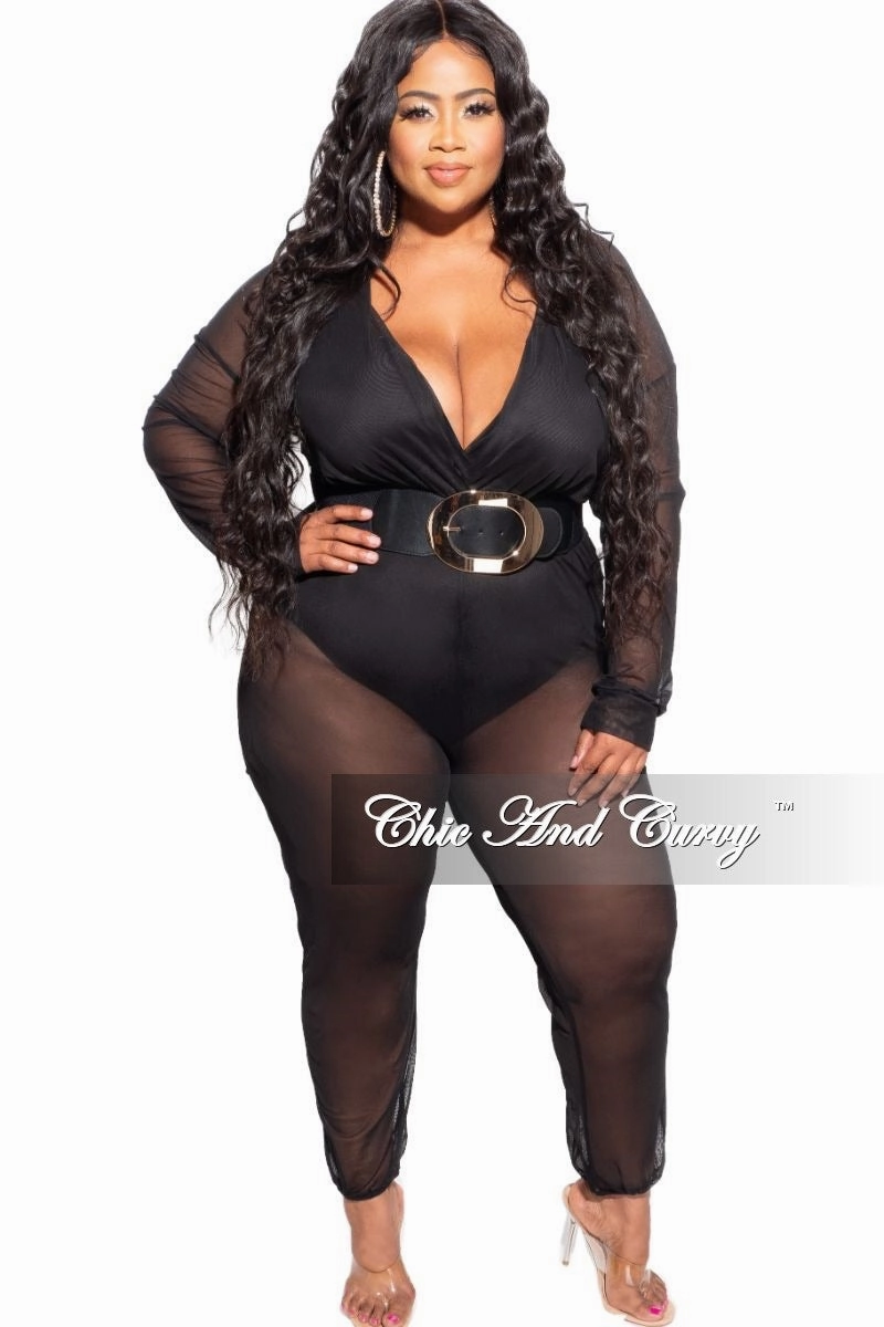 Final Sale Plus Size Sheer Mesh Deep V Jumpsuit in Black Body Ready