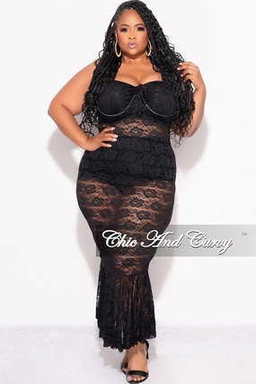 Breathable Layer Fit Final Sale Plus Size Sleeveless Lace Dress with Bottom Ruffle in Black