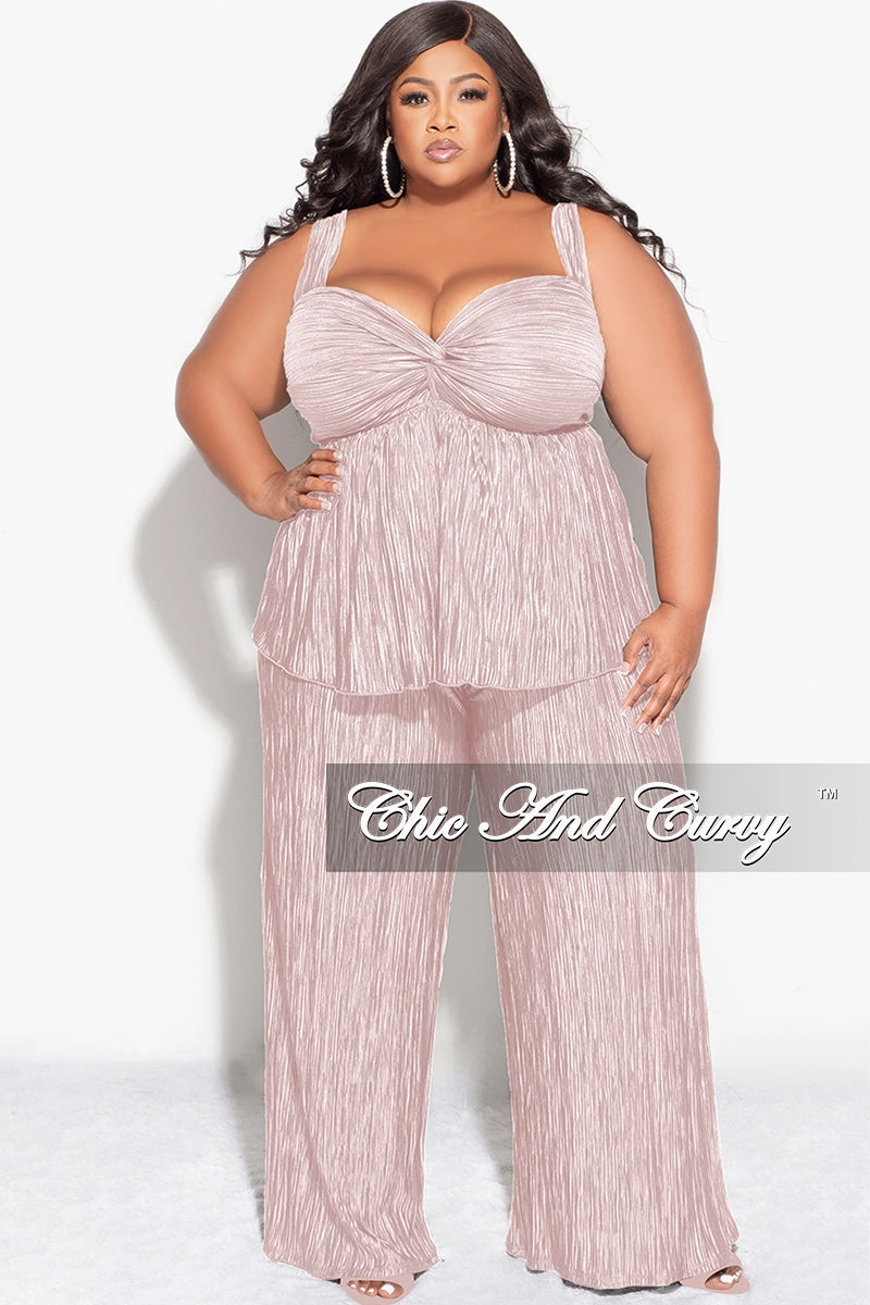 Final Sale Plus Size Sleeveless Pleated Peplum Top and Palazzo Pants Set in Tan Sporty Layer Quick Access Pockets