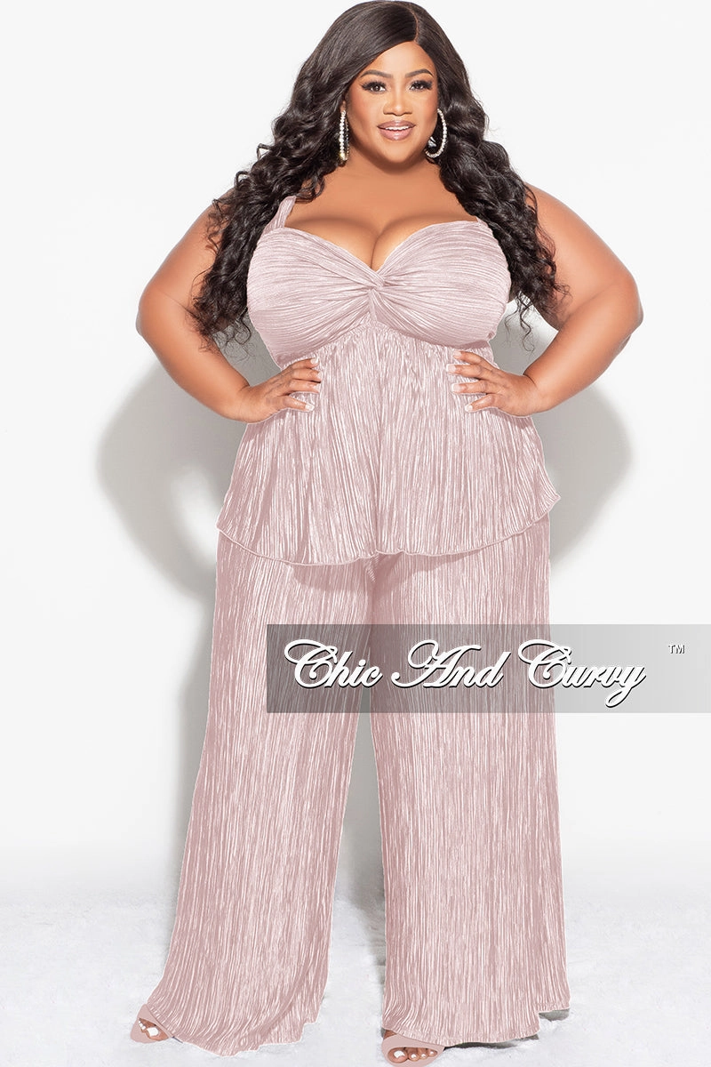 Final Sale Plus Size Sleeveless Pleated Peplum Top and Palazzo Pants Set in Tan No Pinch Travel Essential