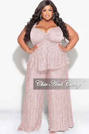 Final Sale Plus Size Sleeveless Pleated Peplum Top and Palazzo Pants Set in Tan Tough Style