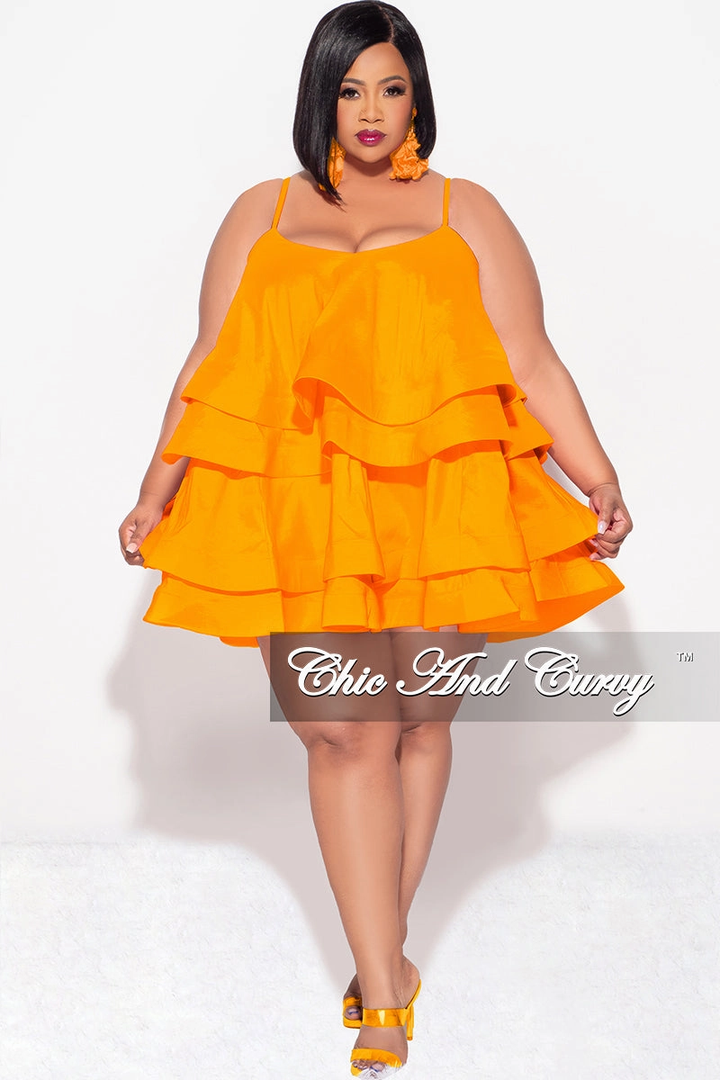 Final Sale Plus Size Spaghetti Strap Tiered Ruffle Mini Dress in Orange Contrast Trim