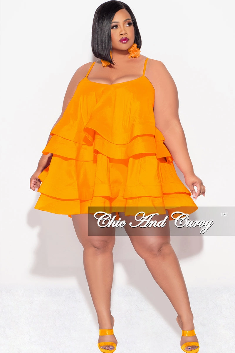 Seasonless wear Soft Lines Final Sale Plus Size Spaghetti Strap Tiered Ruffle Mini Dress in Orange