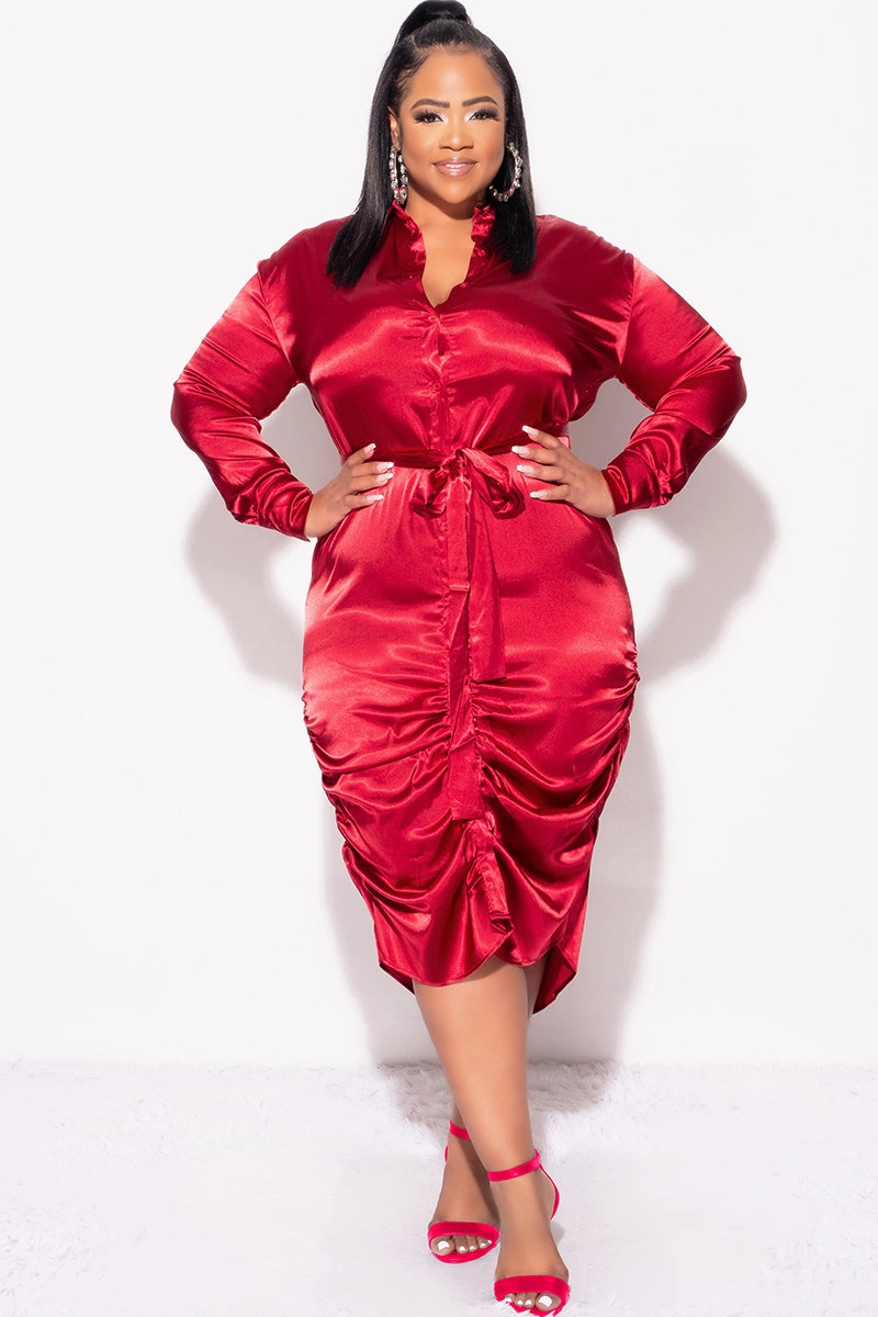 Casual Comfort Wear Stretch Panels Final Sale Plus Size Satin Collar Button Up Dress with Attached Belt and Ruched Bottom in Burgundy