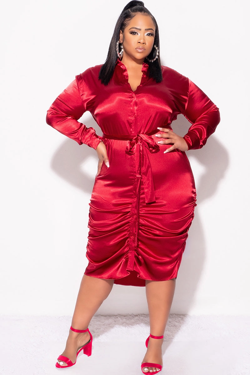Final Sale Plus Size Satin Collar Button Up Dress with Attached Belt and Ruched Bottom in Burgundy Outdoor Essentials Reflective details