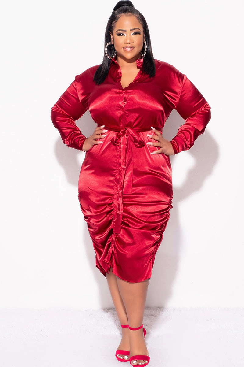 Final Sale Plus Size Satin Collar Button Up Dress with Attached Belt and Ruched Bottom in Burgundy Moisture control NonIrritatingStitching