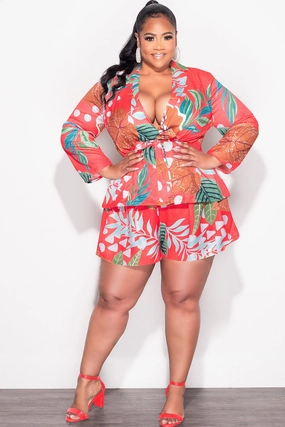 Final Sale Plus Size 2pc Drawstring Blazer and High Waist Shorts in Pink Multi Color Tropical Print Active Comfort Wear