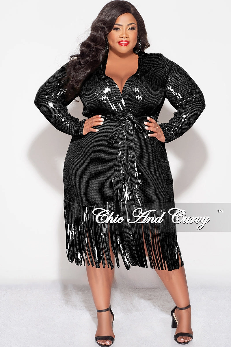 Water-resistant slim fit Final Sale Plus Size Faux Sequin Duster with Belt in Black