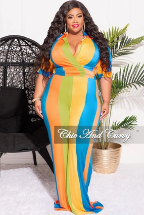 Durable Hem Body Movement Final Sale Plus Size 2pc Crop Top & Palazzo Pant Set in Blue Orange and Yellow Stripe Print