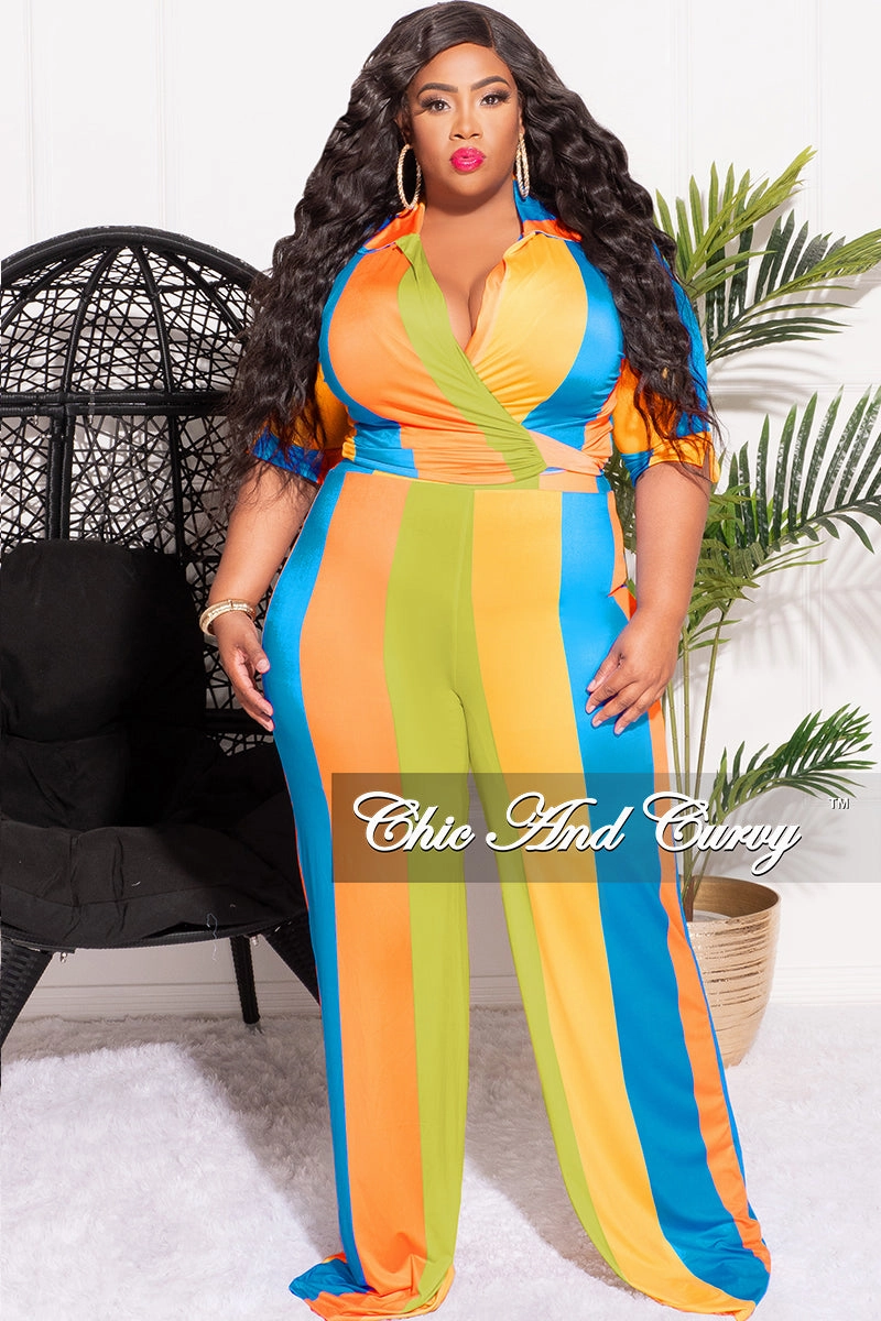 Final Sale Plus Size 2pc Crop Top & Palazzo Pant Set in Blue Orange and Yellow Stripe Print Soft and Stretchy