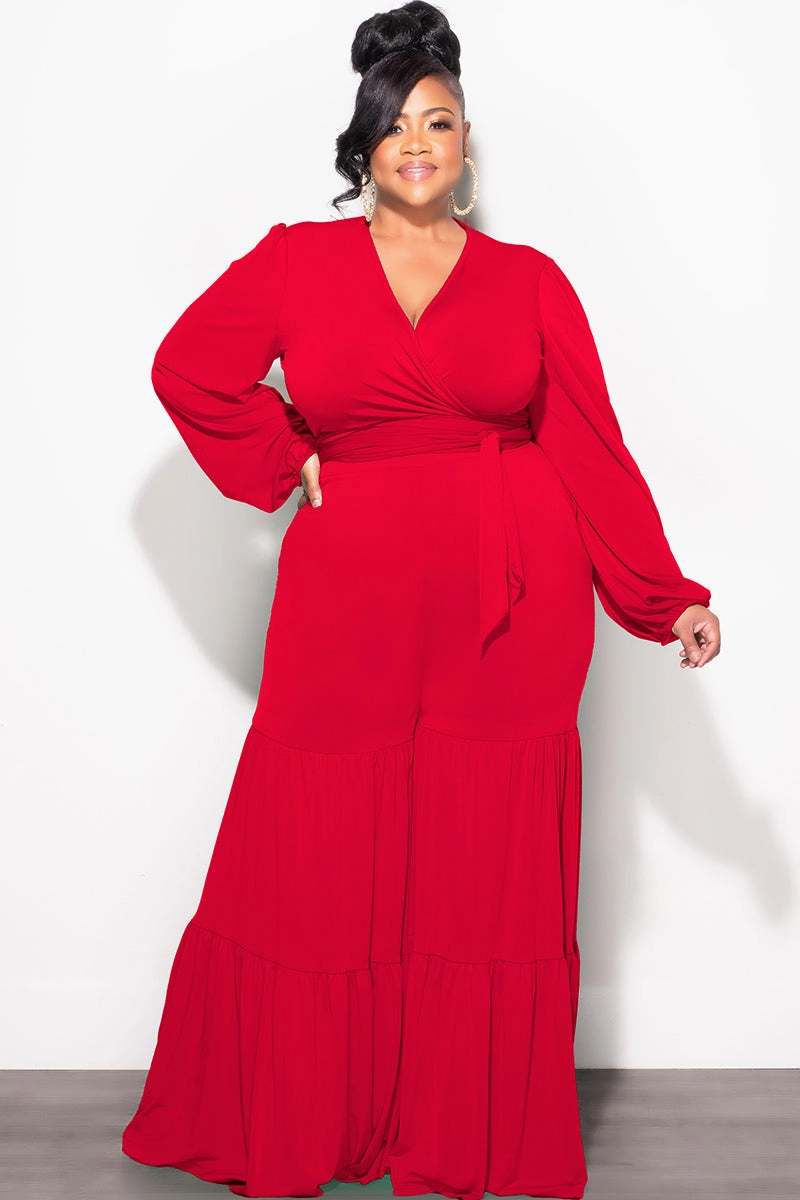 Stretchable Fit Final Sale Plus Size 2pc Long Sleeve Crop Tie Top and 3-Layer Pants Set in Red