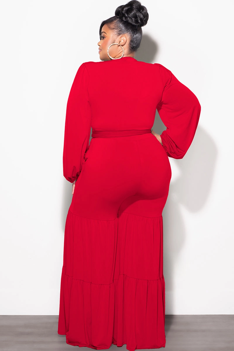Final Sale Plus Size 2pc Long Sleeve Crop Tie Top and 3-Layer Pants Set in Red Odor Resistant