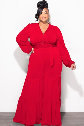 Stretchable Fit Final Sale Plus Size 2pc Long Sleeve Crop Tie Top and 3-Layer Pants Set in Red