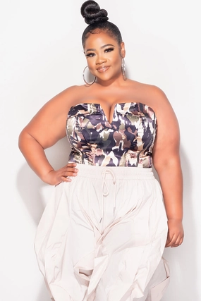 Final Sale Plus Size Satin Strapless Corset Thong Bodysuit in Camouflage Print Flattering Design Premium Stretch