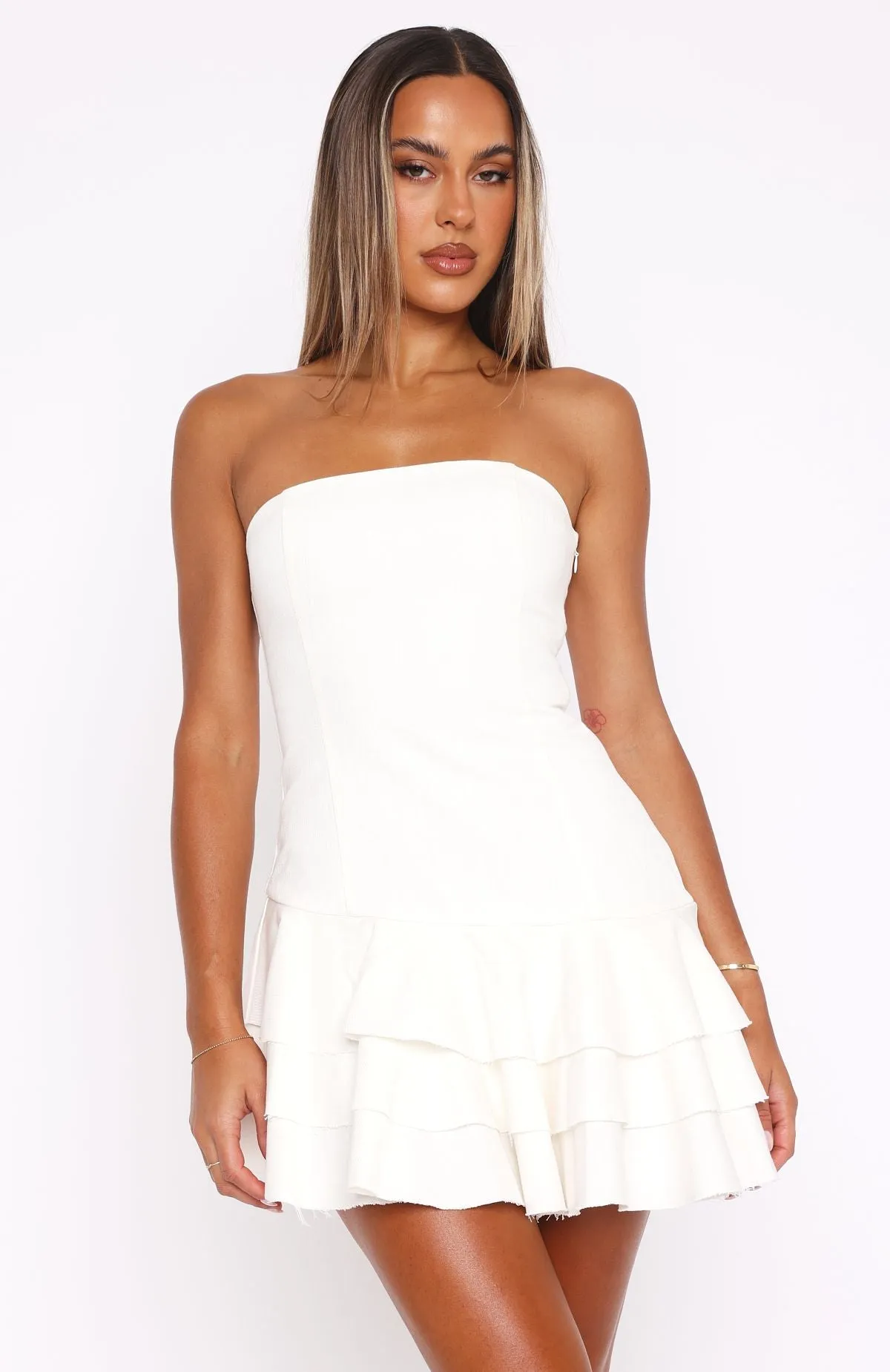 NonRestrictiveSilhouette DropShoulderConstruction I'll Get Better Mini Dress Cream