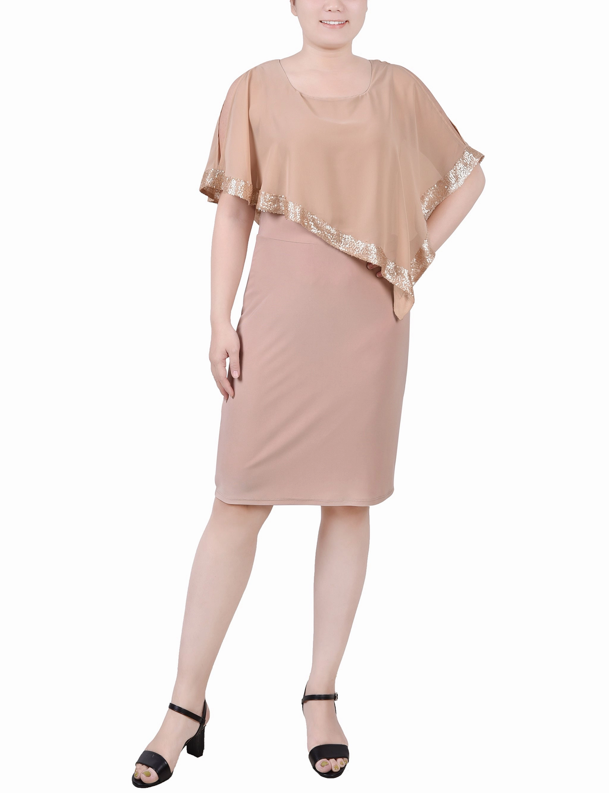 Poncho Style Sequined Dress ZipClosure Classic Cut