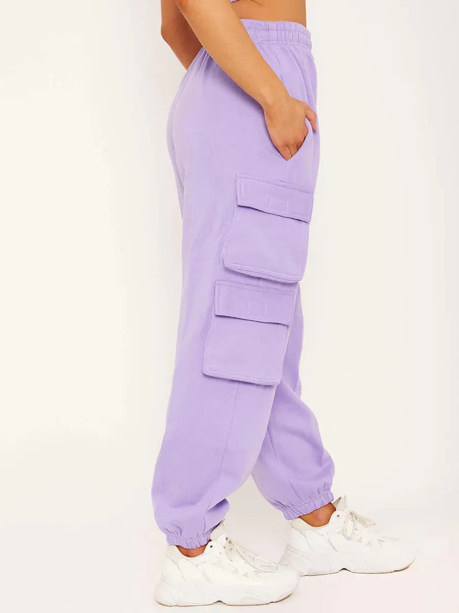 Lilac Purple Fleeced Crop Top & Cargo Joggers Set