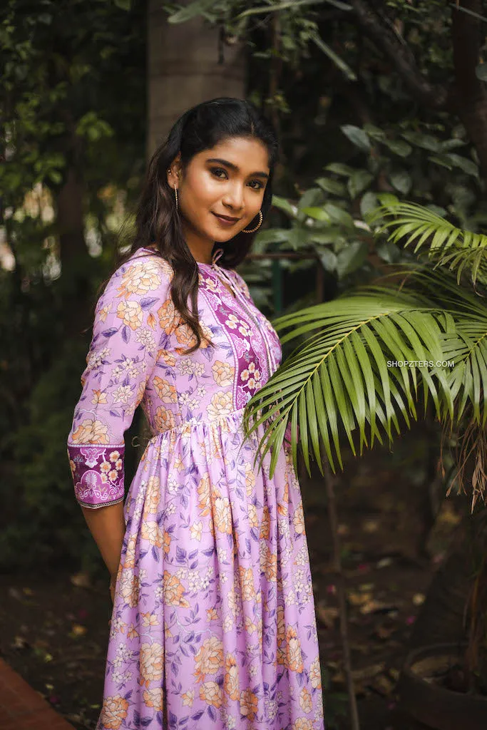 Lilac Semi Linen Floral Maxi Dress