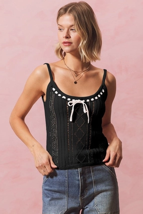 Professional Look Relaxed Design Lily Ribbon Tie Front Fitted Sweater Knit Tank Top