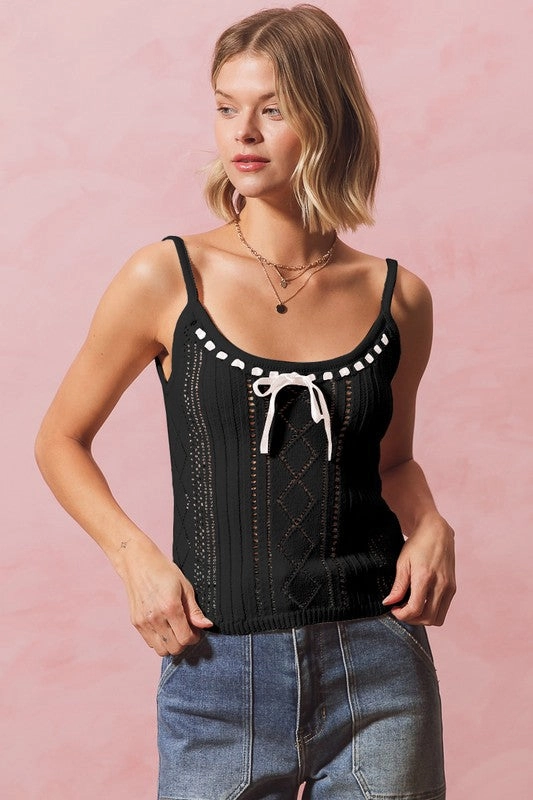 Professional Look Relaxed Design Lily Ribbon Tie Front Fitted Sweater Knit Tank Top