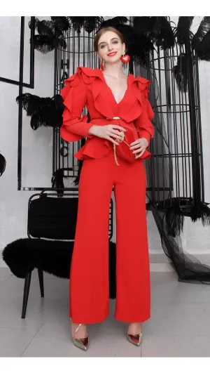 Limited edition elegant and stylish three-dimensional ruffled design V-neck two-piece red pants suit- Sobi