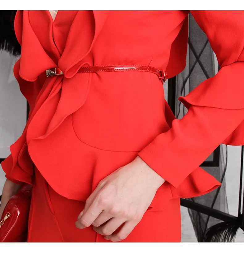 Limited edition elegant and stylish three-dimensional ruffled design V-neck two-piece red pants suit- Sobi