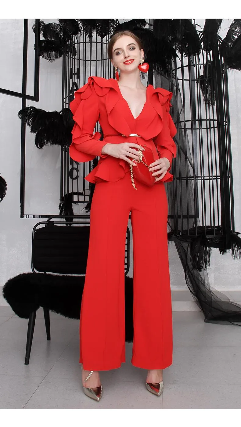 Limited edition elegant and stylish three-dimensional ruffled design V-neck two-piece red pants suit- Sobi