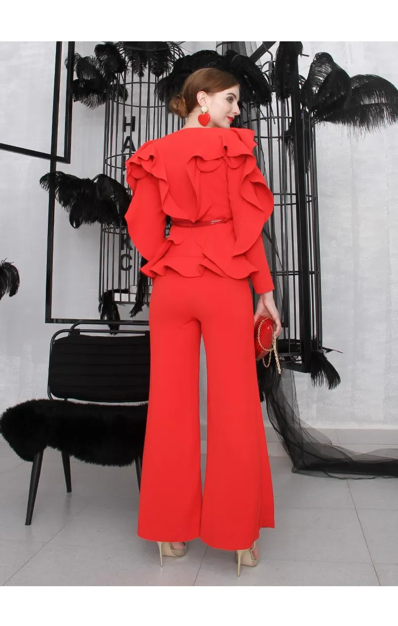 Limited edition elegant and stylish three-dimensional ruffled design V-neck two-piece red pants suit- Sobi