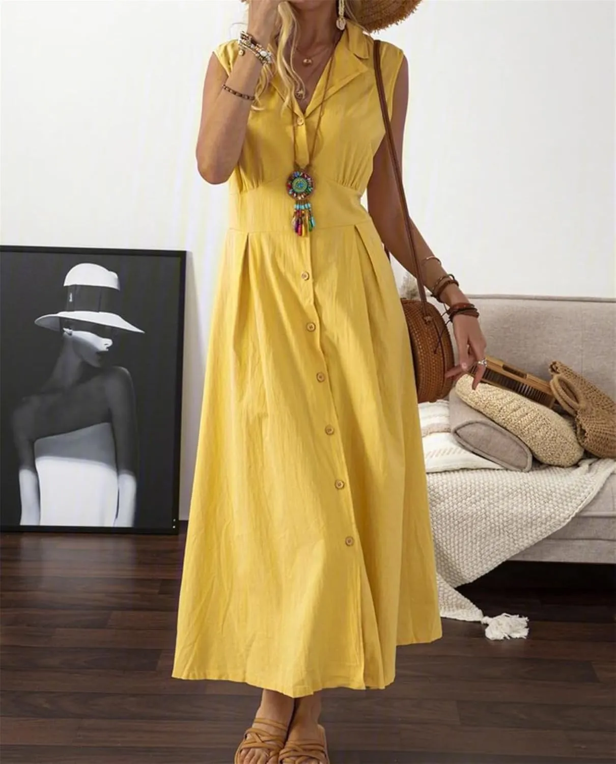 Linen Dresses for Women Button Down Dress Casual Summer Maxi Dresses V Neck A-Line Long Work Dress Business Sundress
