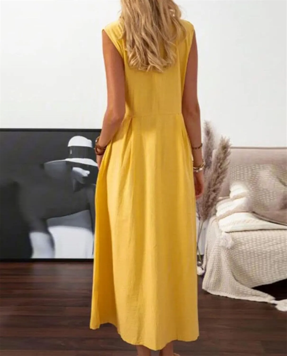 Linen Dresses for Women Button Down Dress Casual Summer Maxi Dresses V Neck A-Line Long Work Dress Business Sundress