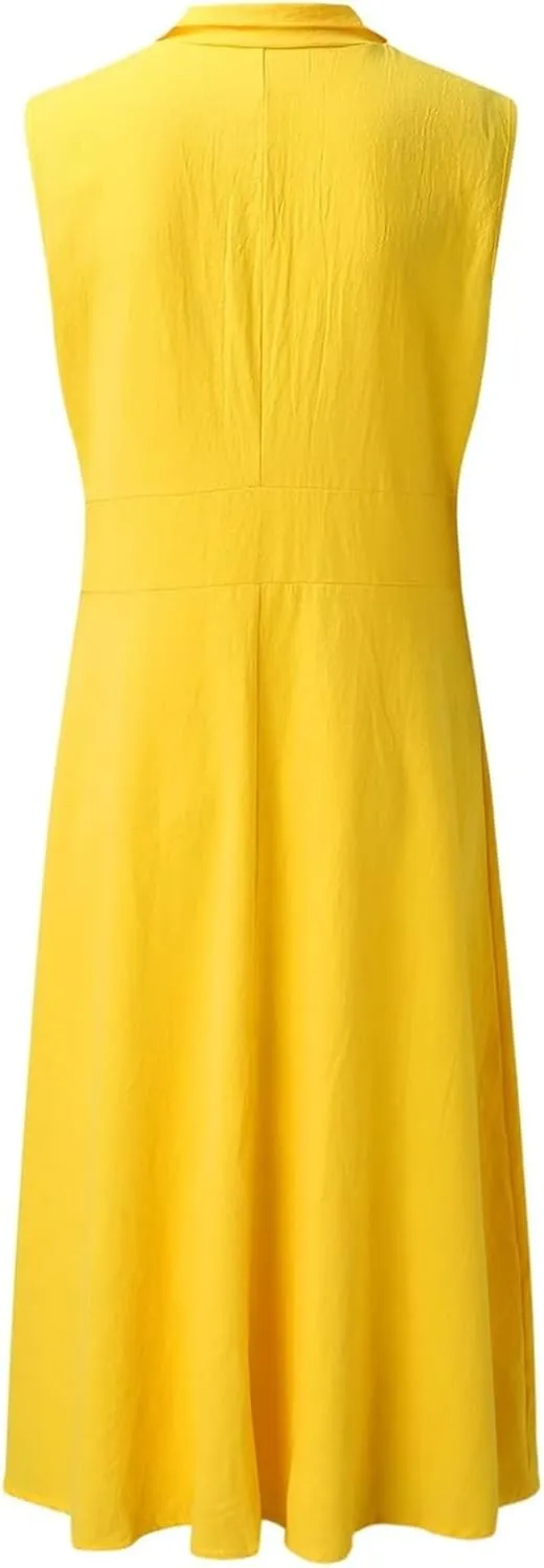 Linen Dresses for Women Button Down Dress Casual Summer Maxi Dresses V Neck A-Line Long Work Dress Business Sundress