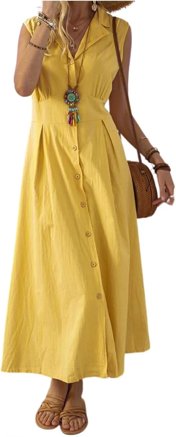 Linen Dresses for Women Button Down Dress Casual Summer Maxi Dresses V Neck A-Line Long Work Dress Business Sundress