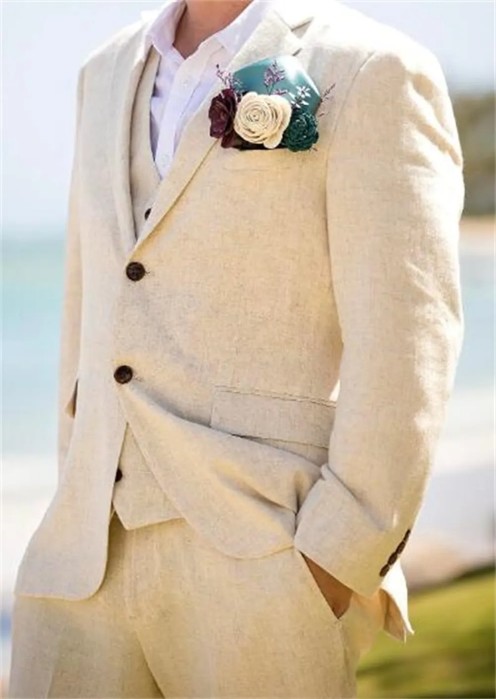 Linen Mens Suits Summer Beach Wedding Mens Tuxedo Grooms
