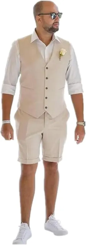 Linen Shorts Vest Set Men Suits Summer Beach Mens Wedding Grooms