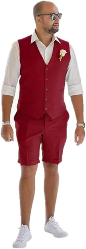Linen Shorts Vest Set Men Suits Summer Beach Mens Wedding Grooms