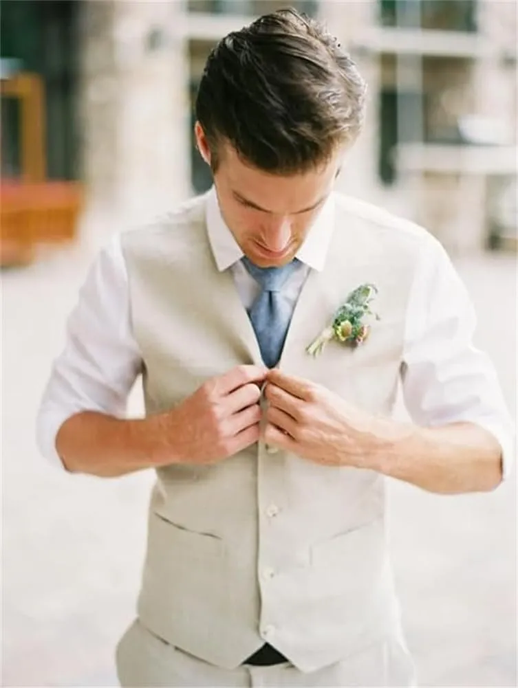Linen Shorts Vest Set Men Suits Summer Beach Mens Wedding Grooms