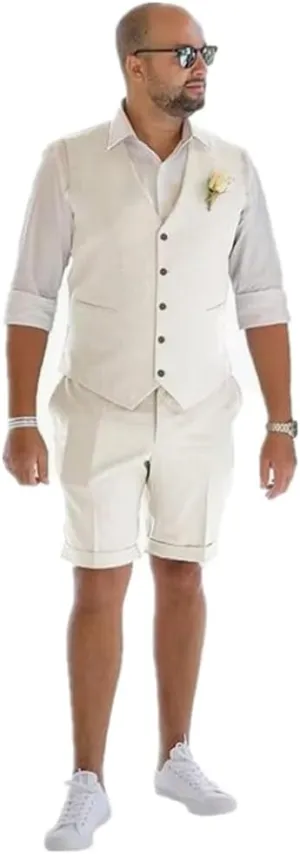 Linen Shorts Vest Set Men Suits Summer Beach Mens Wedding Grooms