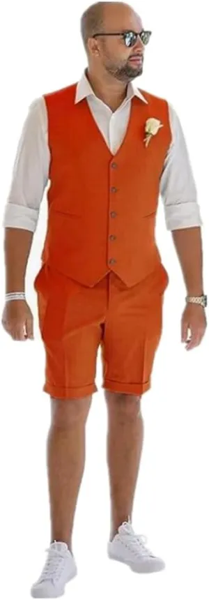Linen Shorts Vest Set Men Suits Summer Beach Mens Wedding Grooms