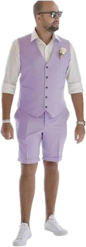 Linen Shorts Vest Set Men Suits Summer Beach Mens Wedding Grooms
