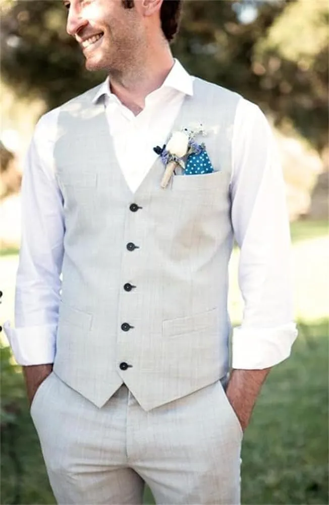 Linen Shorts Vest Set Men Suits Summer Beach Mens Wedding Grooms