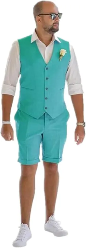 Linen Shorts Vest Set Men Suits Summer Beach Mens Wedding Grooms
