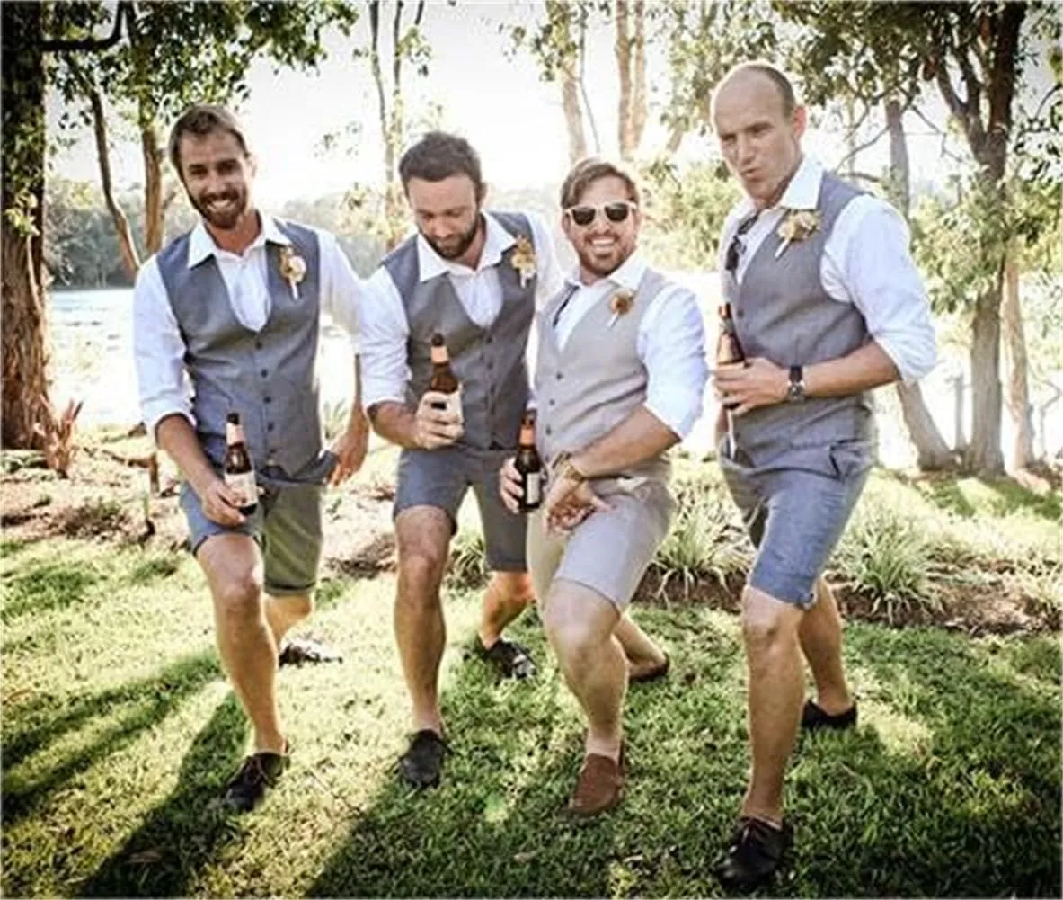 Linen Shorts Vest Set Men Suits Summer Beach Mens Wedding Grooms