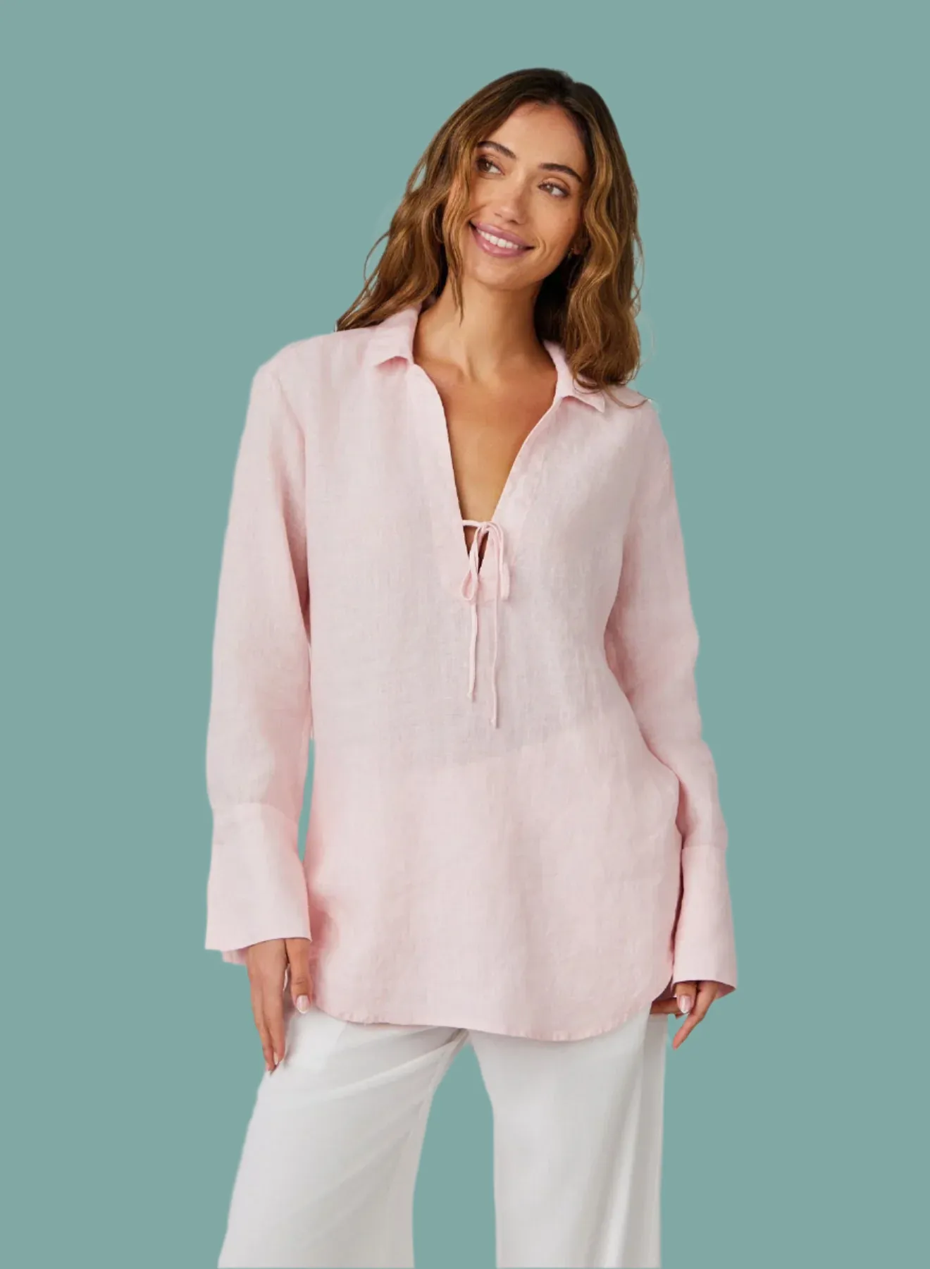 Reinforced Shoulder Panels AntiPill Finish Linen Tie Neck Tunic