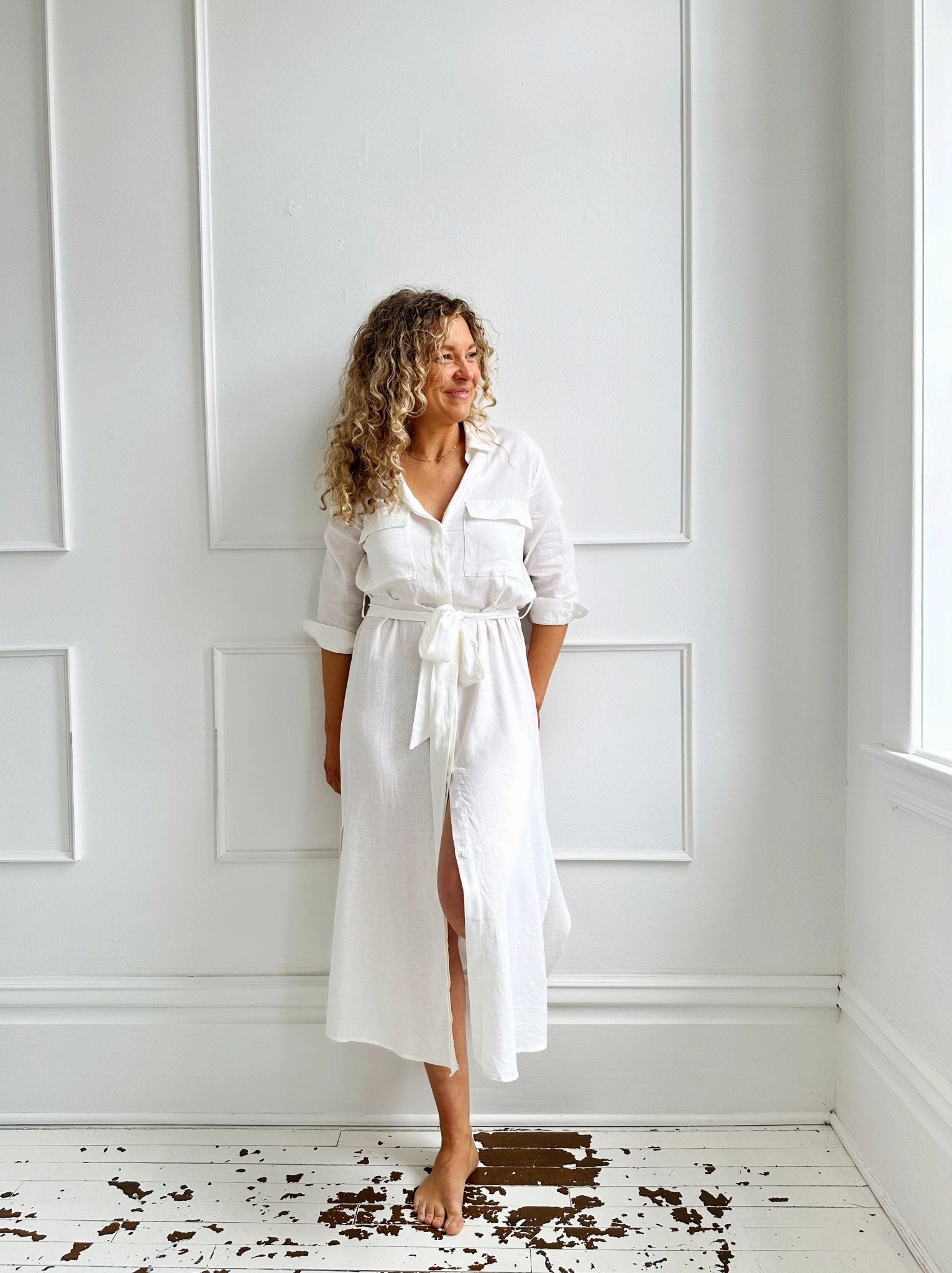 Linen Blend Shirt Dress Shape Retention Ruched-Detail