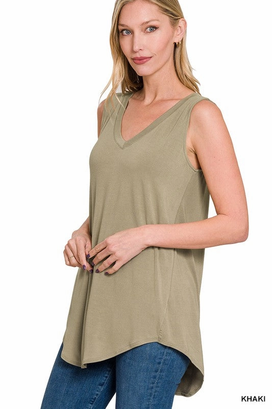 Ellie Luxe Rayon Sleeveless V-neck Hi-low Hem Top S-XL Minimalist Detailing Rolled Hem Finish