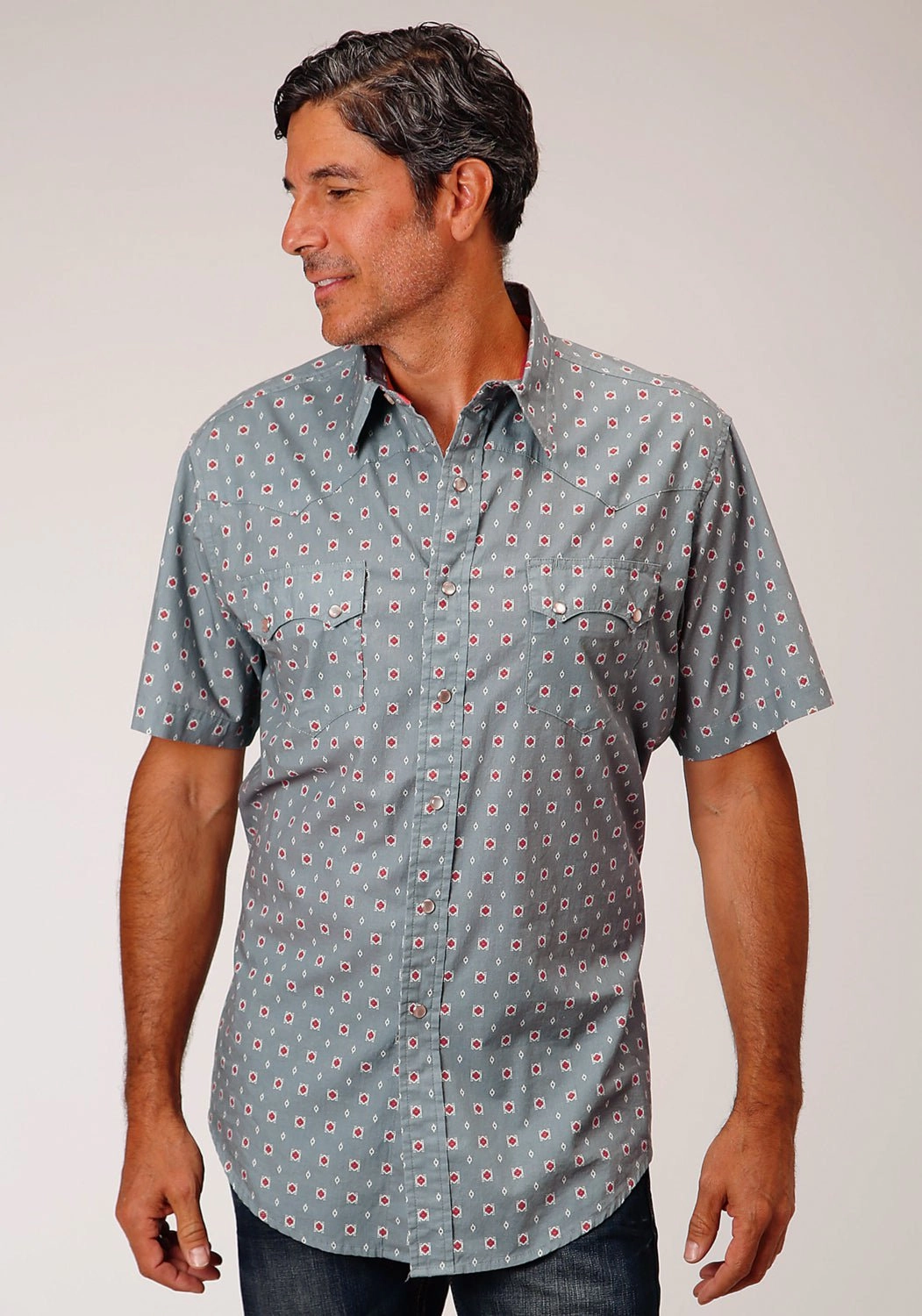 Roper Mens Grey 100% Cotton Vintage Foulard S/S Shirt Relaxed Vibe