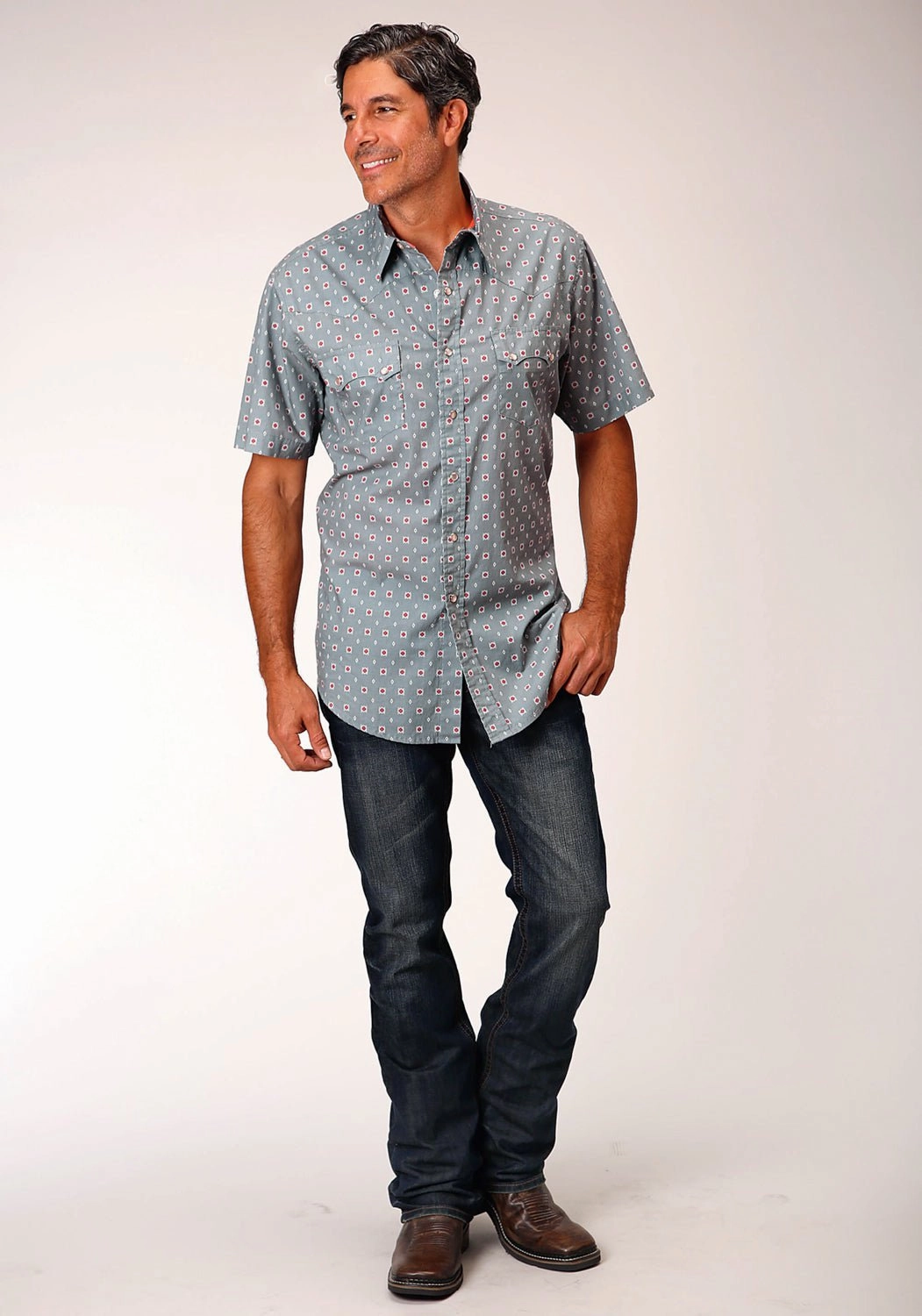 Winter Fashion Relaxed Fit Roper Mens Grey 100% Cotton Vintage Foulard S/S Shirt