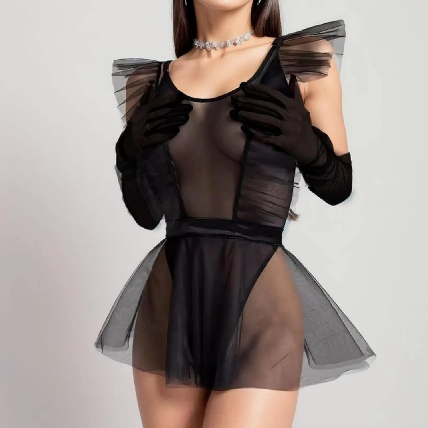 Lingerie for Women Mesh Dress Skirt Gloves Sexy Underwear Three Piece Set